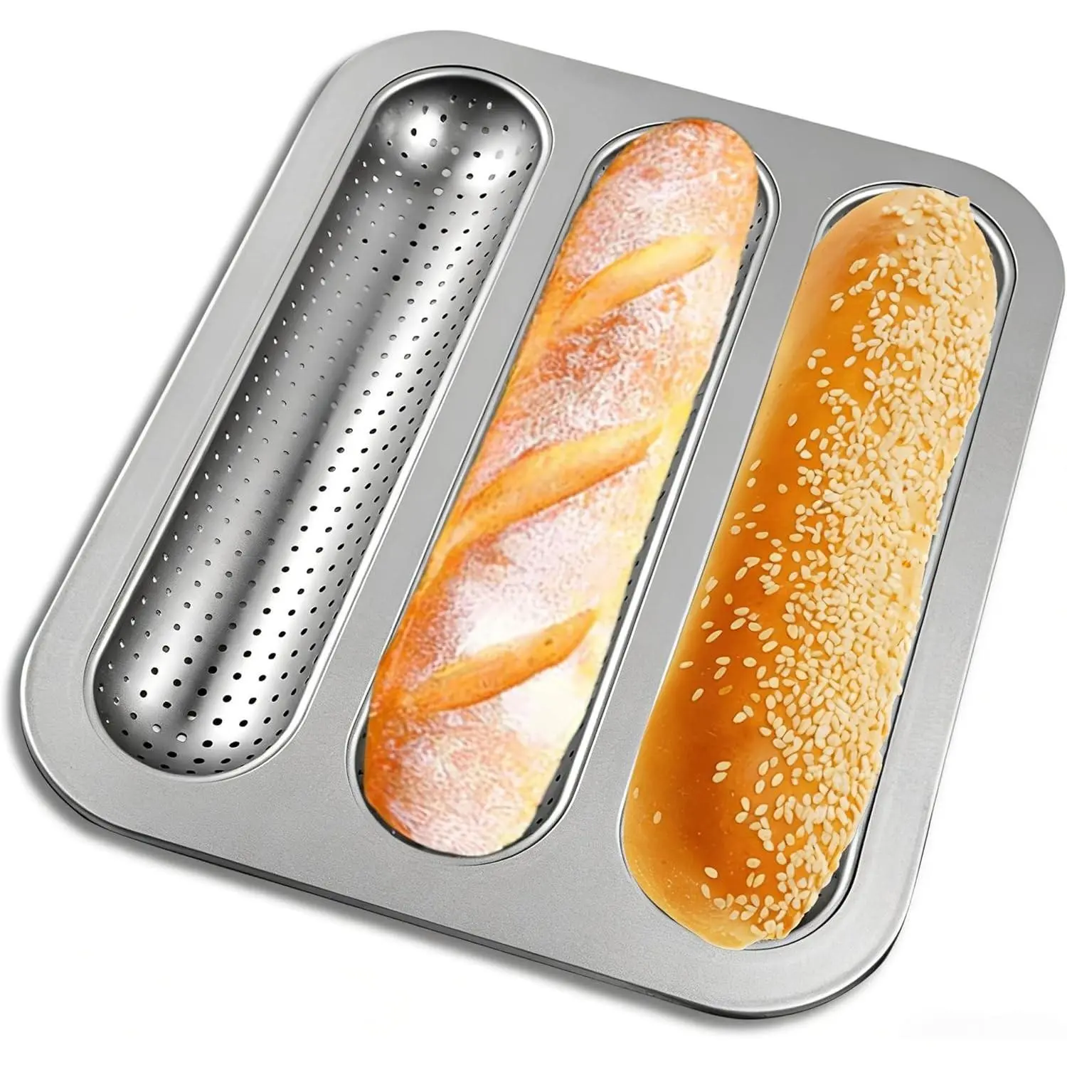 French Bread Baking Pan, Perforated Baguette Pan, Silver 1 Pack | Nonstick Carbon Steel 3 Cavity Baguette Mold, Long Loaf Toast Cake Mould Bakeware Baking Pans for Oven
