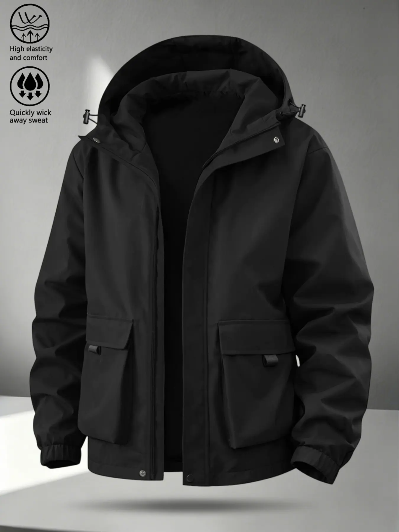 Men's Hooded Outdoor Work Jacket, Adjustable Drawstring Hood, Large Pockets, Windproof, Casual Style, Long Sleeve, All Seasons
