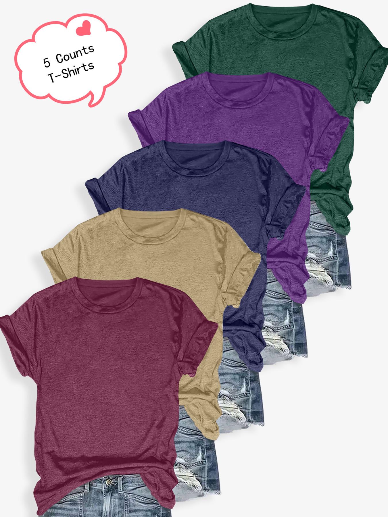 Women's Solid Color Round Neck Tee, Casual Short Sleeve Crew Neck T-shirt for Summer, Ladies Clothes for Daily Wear, Piece