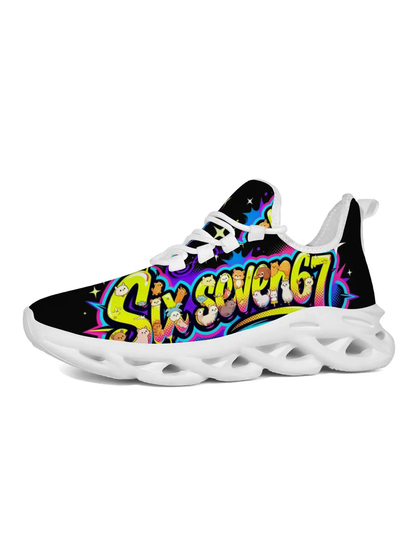 Sixseven67 Cartoon Anime Collaboration Sneakers, Street Fashion Style, Cute Animal Print, Fluorescent, Thick Sole, Casual Running Shoes