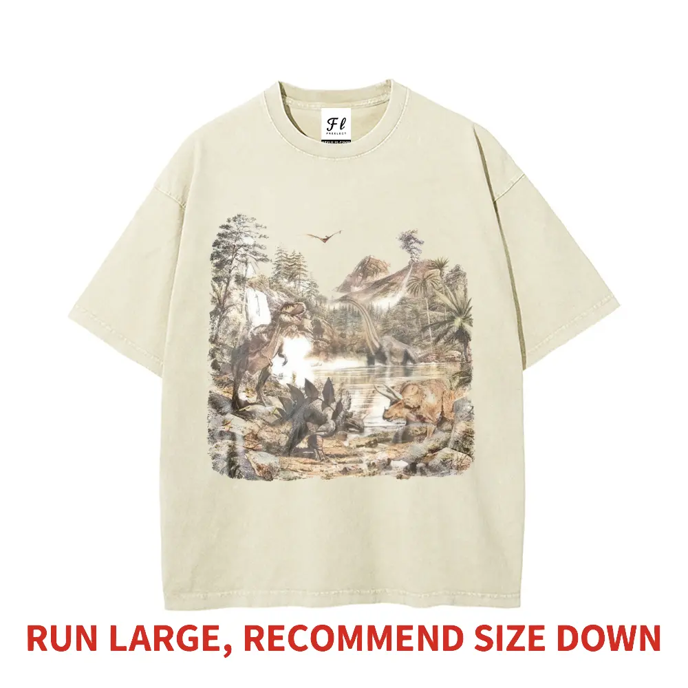 Men's Vintage Prehistoric Dinosaur Kingdom Jurassic World Landscape Graphic T-Shirt, Menswear Casual Short-Sleeve Stylish Tops, Heavyweight Boxy Extremely Oversized Vintage Washed Pure Cotton Tee, Shortsleeve, Round Neck