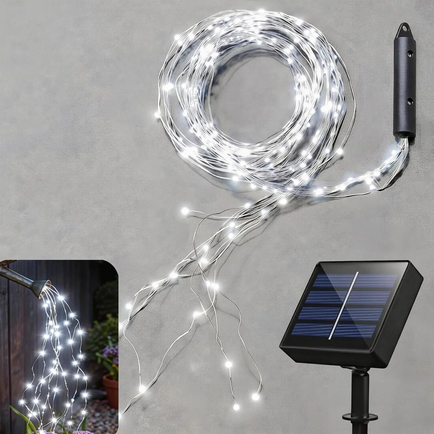 Solar Fairy Lights Outdoor White, Multi Strand 180 LEDs Watering Can String Light, Waterproof Solar Powered Waterfall Lights, Cool White Firefly Bunch Lights