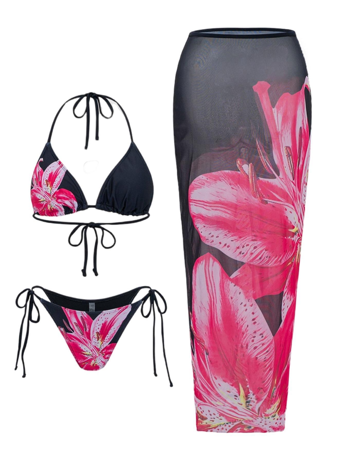 Women's Floral Print Halter Bikini Set, Casual Tie Back Contrast Mesh Swim Top & Tie Side Swim Bottom & Cover Up Skirt Set, Ladies Swimsuit Print Swimwear for Beach Holiday Vacation, Bikini With Skirt