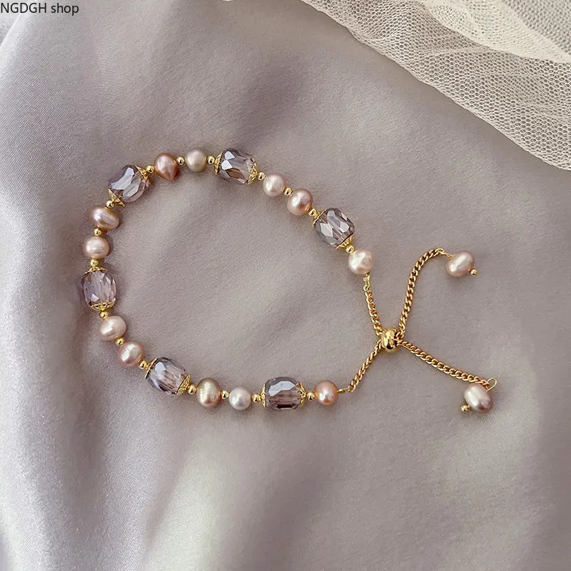 Natural Freshwater Pearl Bracelet for Women, French Retro Purple Crystal Beaded Bolo Bracelets with Gold Spacers, Adjustable Sliding Knot Chain Jewelry, Aesthetic Birthday Mother Day Gift, Birthday Gift Ideas, Girlfriend Birthday Gift