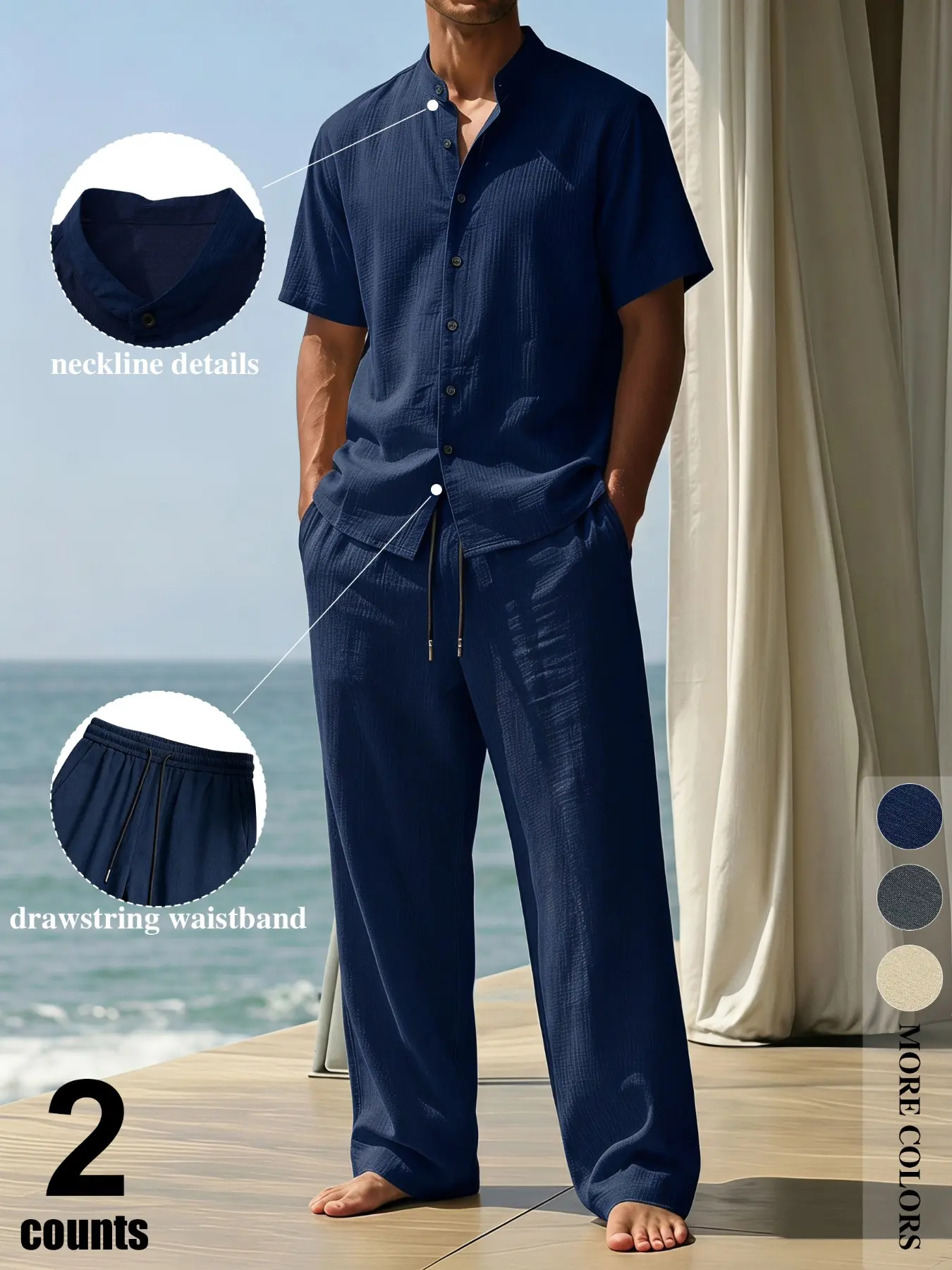 Men's Summer Everyday Suit, Island Leisure, Summer Vacation, Lightweight and Breathable Fabric, Work Suit, Outdoor, City Suit, Loose Fit, Relaxed Fit, Trendy, Street Style, Casual, Youthful, Simple, Retro, Versatile, Textured, Stylish