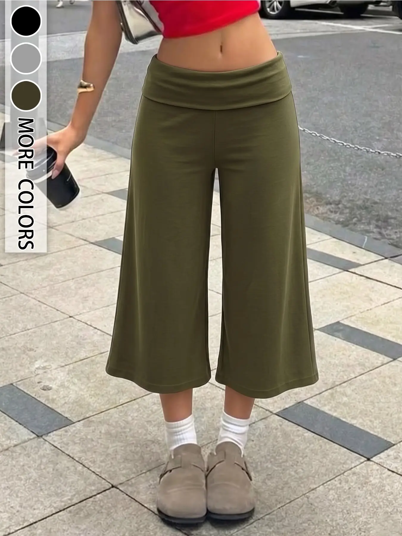 Women's Elastic Turn-Up Capri Pants, Loose-Fit Straight Leg, Breathable Casual Yoga Trousers, Summer Versatile Bottoms, 4 Colors