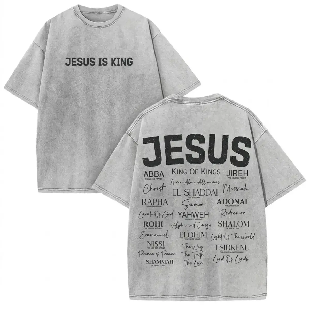 Women's Unisex Christian Graphic Print Garment, Jesus Is King Names of God Front-Back Print, Acid Wash Oversized Heavyweight Cotton Personalized Tops, Faith-Based Vintage Streetwear