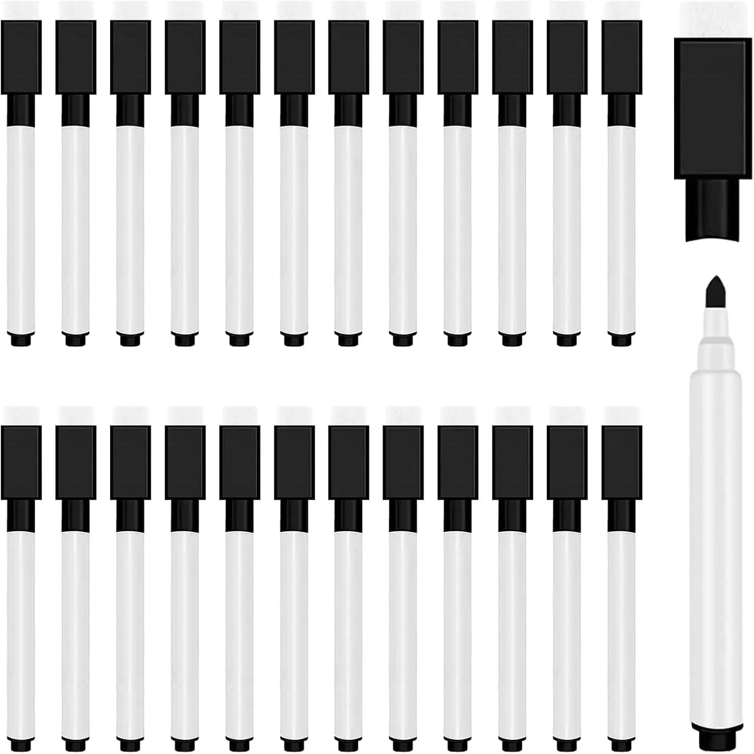 25 count Dry Erase Markers, Fine Point,  Eraser Cap, Black | Mini White Board Markers, for Student, Teacher, Office, Classroom, School Supplies, and