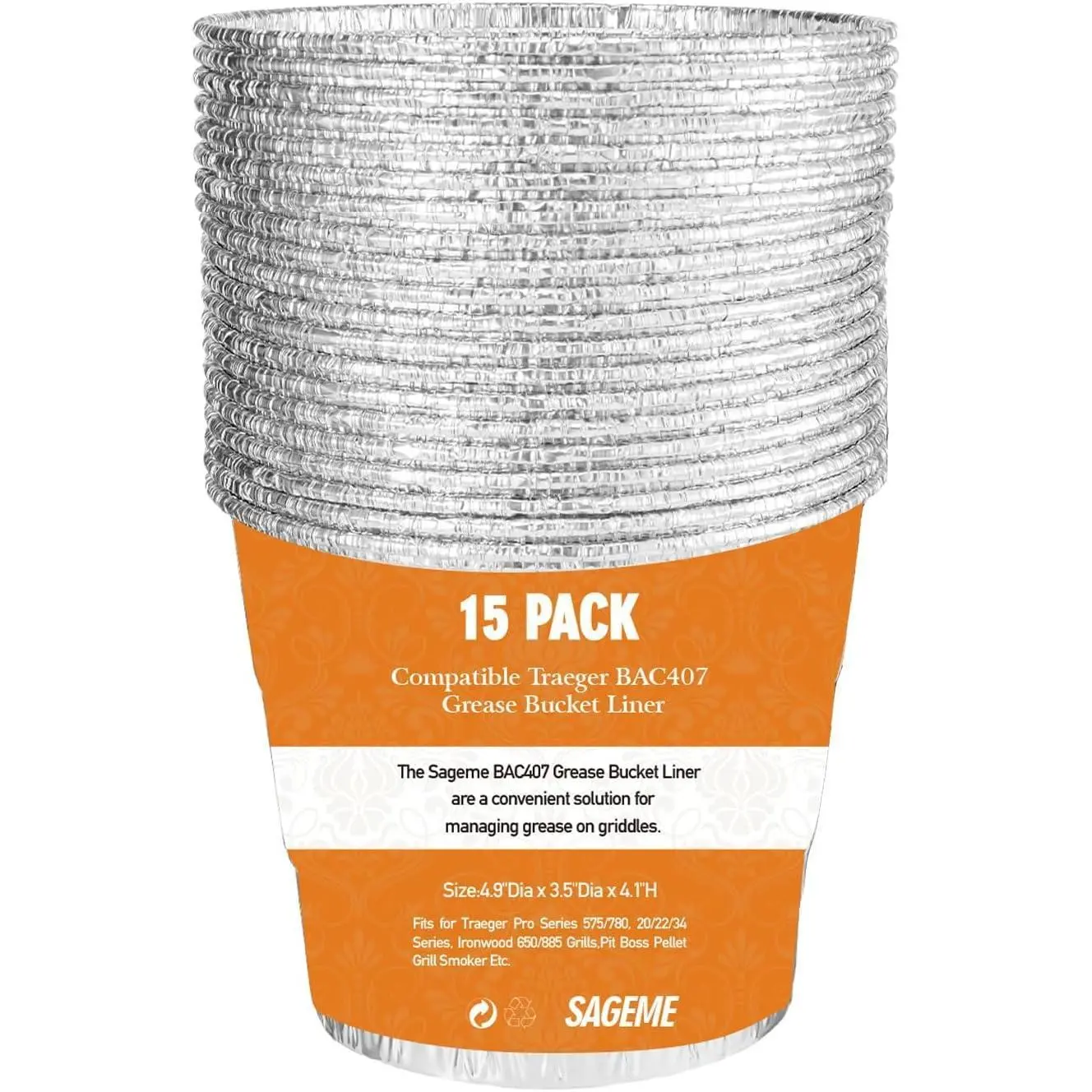 15 Pack BAC407 Grease Bucket Liner for Traeger Grills,Drip Liner Drip Pan for HDW152 Grease Bucket Traeger Pro Series 575/780, 20/22/34, Ironwood 650/885 Grills