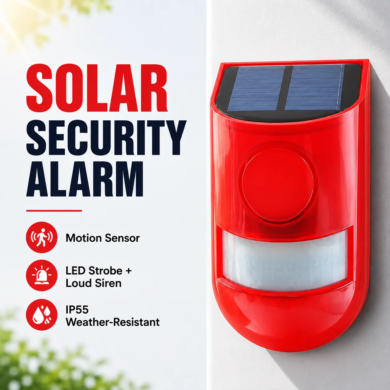 Solar-Powered Outdoor Motion Sensor Security Alarm with Bright LED Strobe Lights, Loud Siren and IP55 Weather-Resistant Design, Wireless Warning System for Home, Garage, Farm, Villa, Yard, Shed and Chicken Coop Protection