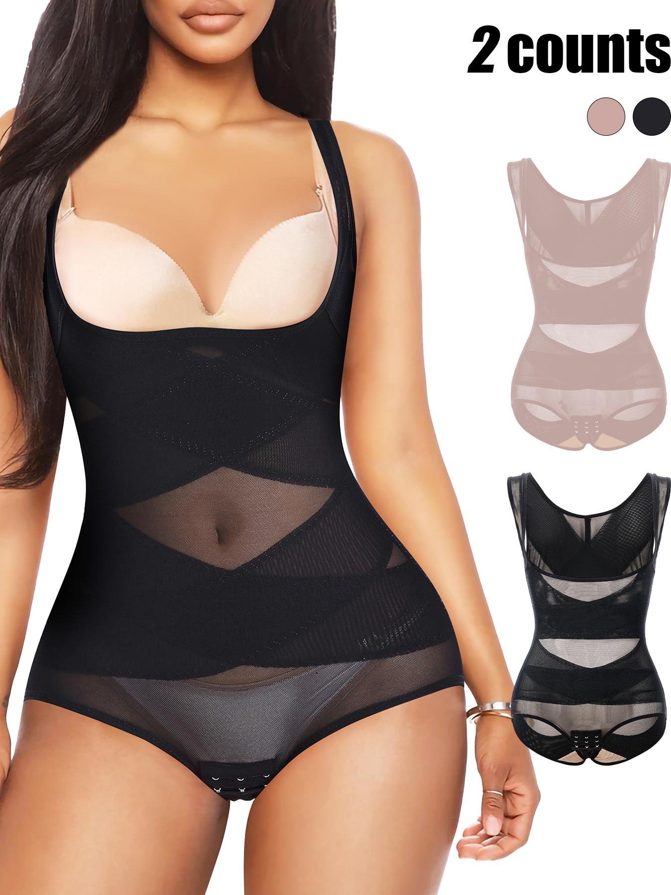 Women's Solid Color Open Bust Adjustable Hook & Eye Closure Crotch Shapewear Bodysuit, Breathable Comfortable Tummy Control High Waist Shaping Push Up Chest Shaper Bodysuit