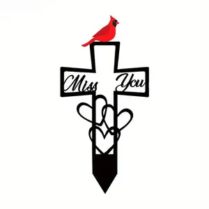 Metal Cross Grave Marker Stake with Red Cardinal Bird, Sympathy Miss You Memorial Yard Decor for Cemetery Garden Lawn