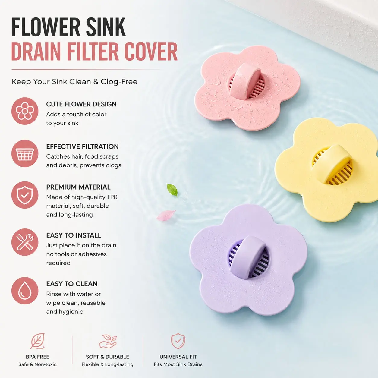 Cute Flower-Shaped Sink Drain Filter Cover, Soft Tpr Silicone Plug, Hair Prevention, Quick Drain, Universal Size 8cm, Odor-Proof, Reusable, Bathroom