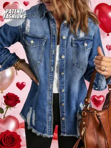 Women's Mid-Length Frayed Distressed Denim Jacket, Casual Long Sleeve Shirt with Pockets for Spring & Autumn, Fitted Button Fly Top