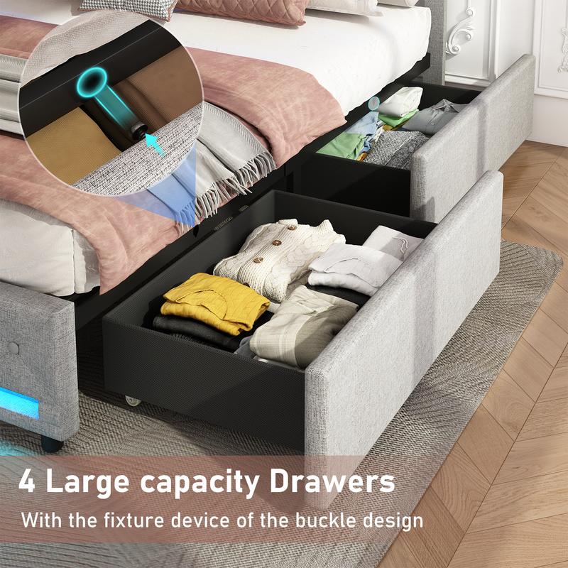 King/Queen LED Bed Frame with 4 Storage Drawers and 2 USB Ports, Modern Upholstered Button Tufted Headboard Bed Frame, Solid Wooden Slat Support, No Box Spring Needed, Dark Grey/Light Grey