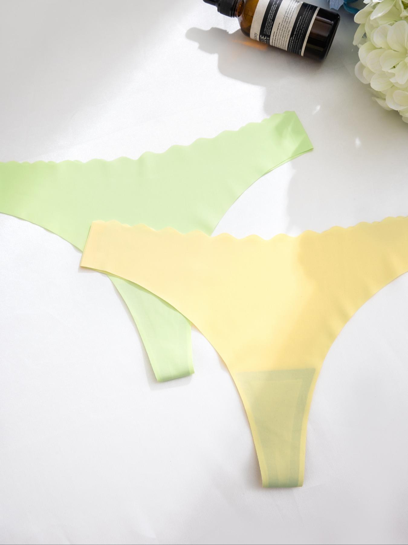 Women's Solid Scallop Trim Thong, Soft Comfy Breathable Seamless Drop Waist Panties for Daily Wear, Ladies Underwear for All Seasons, Panties Collection, Seamless Panties Set