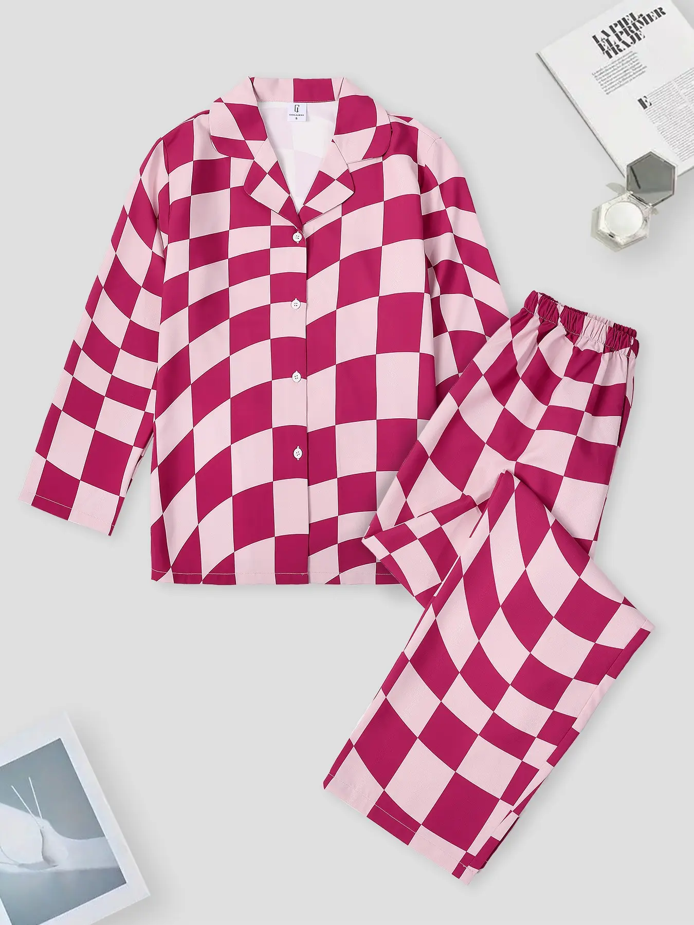 Women 2-Piece Loungewear Pajama Set, Wavy Checkered Lapel Long Sleeve Shirt & Elastic Waist Long Pants, Soft Smooth Casual Home Wear for Daily Relax