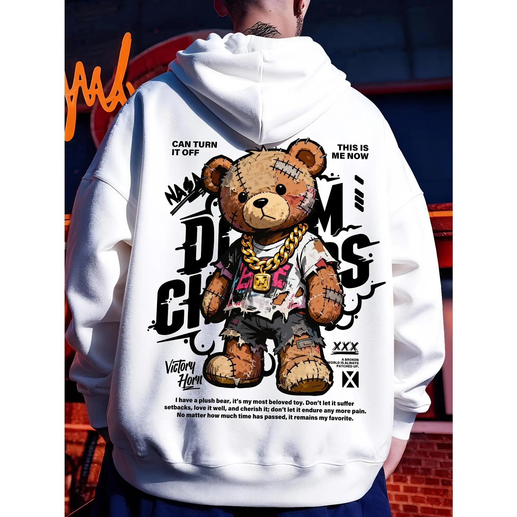 Men's Hooded Sweatshirt, Streetwear Graffiti Bear Print Pullover, Casual Warm Tops with Kangaroo Pocket, Menswear
