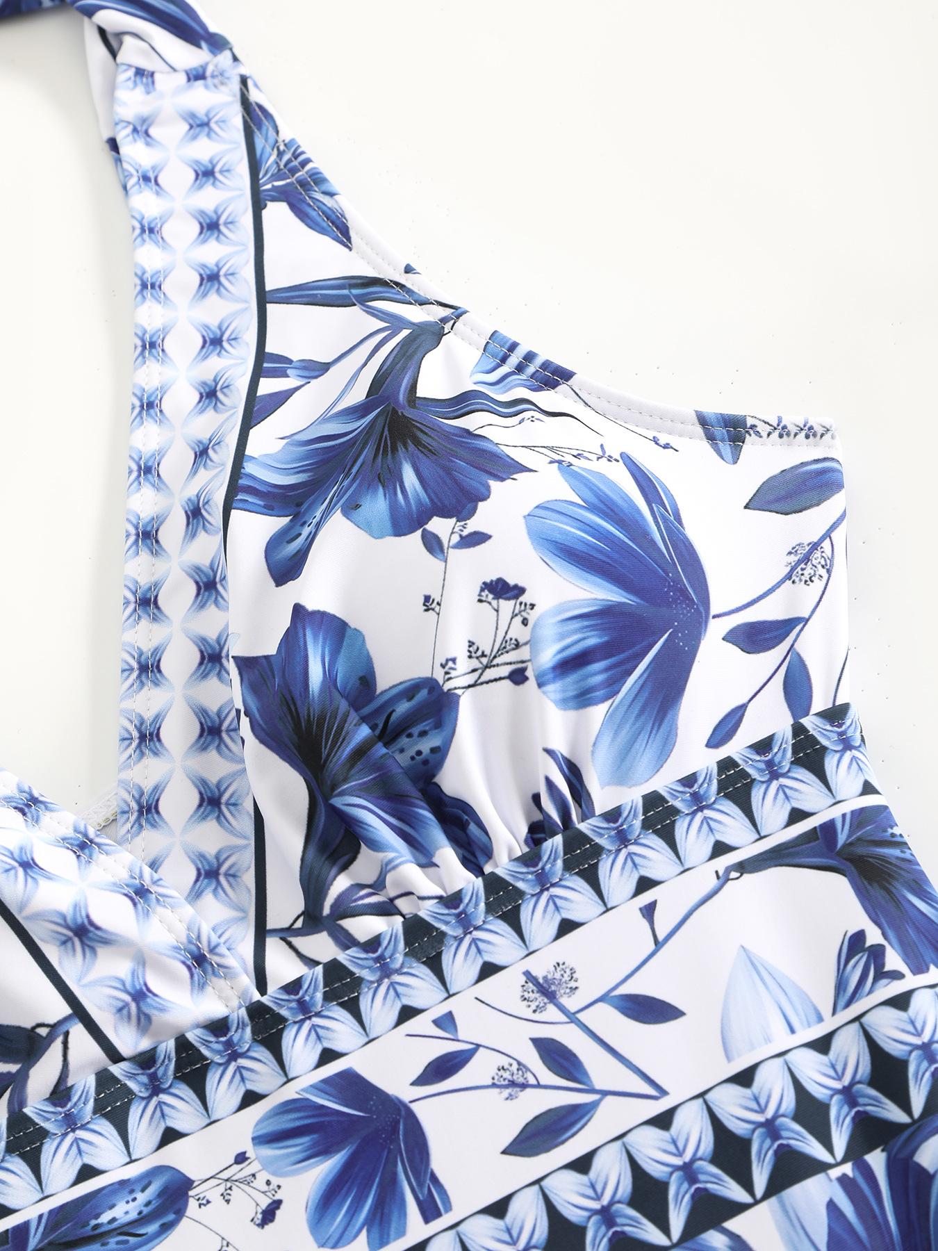 Women's V Neck Bohemian Print One-Piece Swimsuit and Matching Cover Skirt Set Summer Swimdress Swimming Vacation Beach Bathing SuitSuit Stylish Beachwear