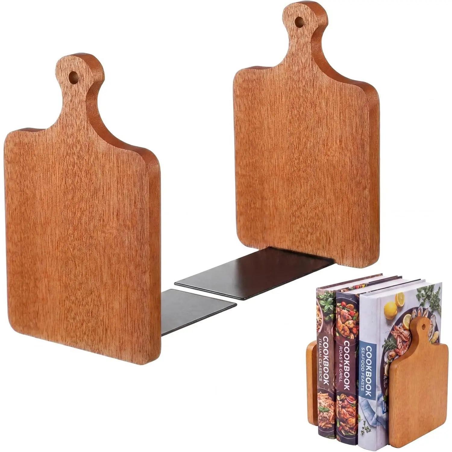 6.3x3.9" Anti-Slip Wood Bookends - Quality Wooden Book Ends with Room Decor Function, for Office Files, Kitchen Cookbooks, Whimsical House Decor (Brown, Ebony)