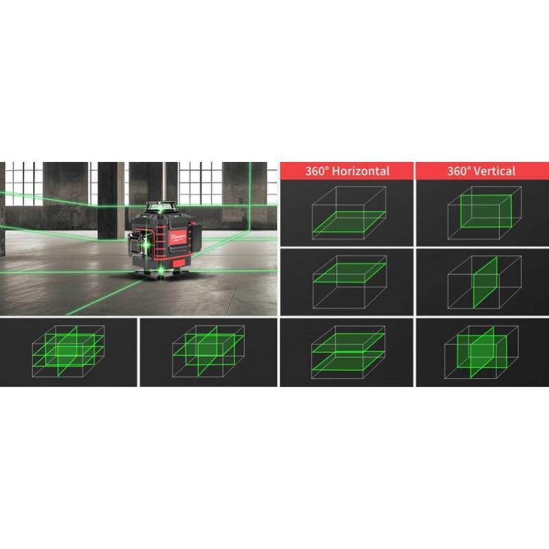 Milwaukee 360° Green Beam Cross-Line Laser Level  Self-Leveling Horizontal & Vertical, Rechargeable Battery, Range Finder for Construction & DIY Projects