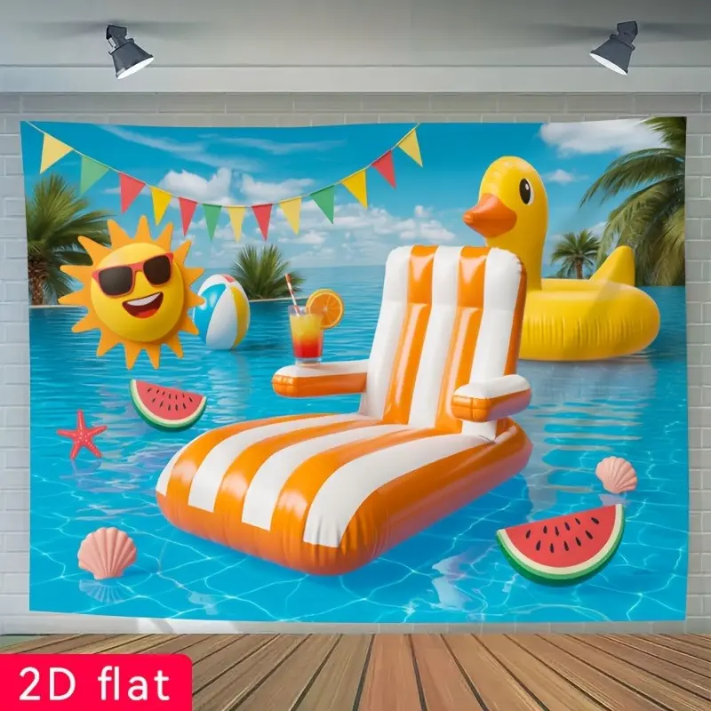 Watermelon Pool Summer Party Backdrop 2D Flat Banner Single-Sided Polyester Fabric with Metal Grommets Easy Hanging Summer Outdoor Graduation Party Photo Booth Decoration Photoshoot Backdrops