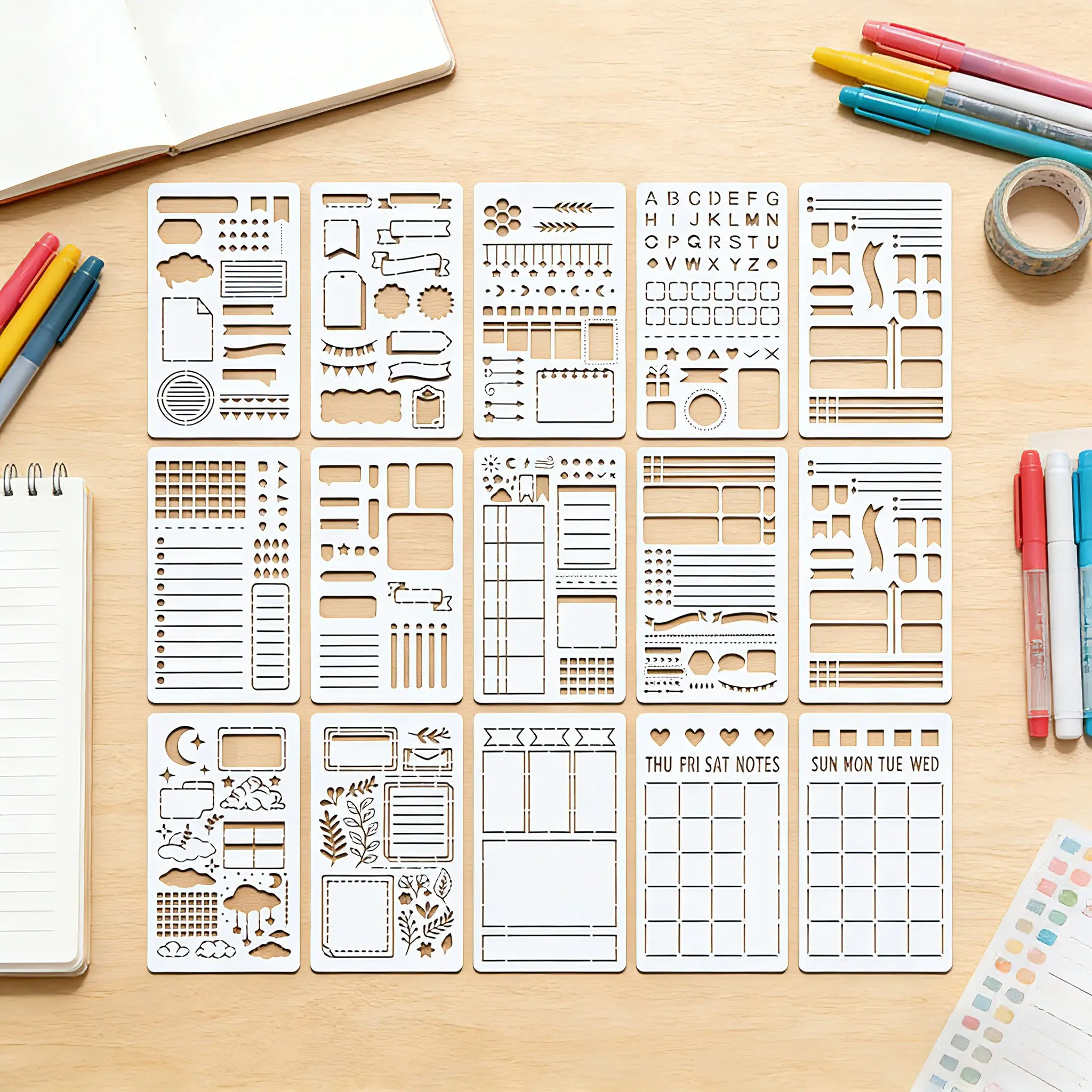 15 Pcs Journal Stencil Set – 4 x 7 Inch reusable drawing templates for bullet journals, planners, notebooks and scrapbooks. Creative DIY stencils for lettering, layouts, note-taking, crafting and school or office use.