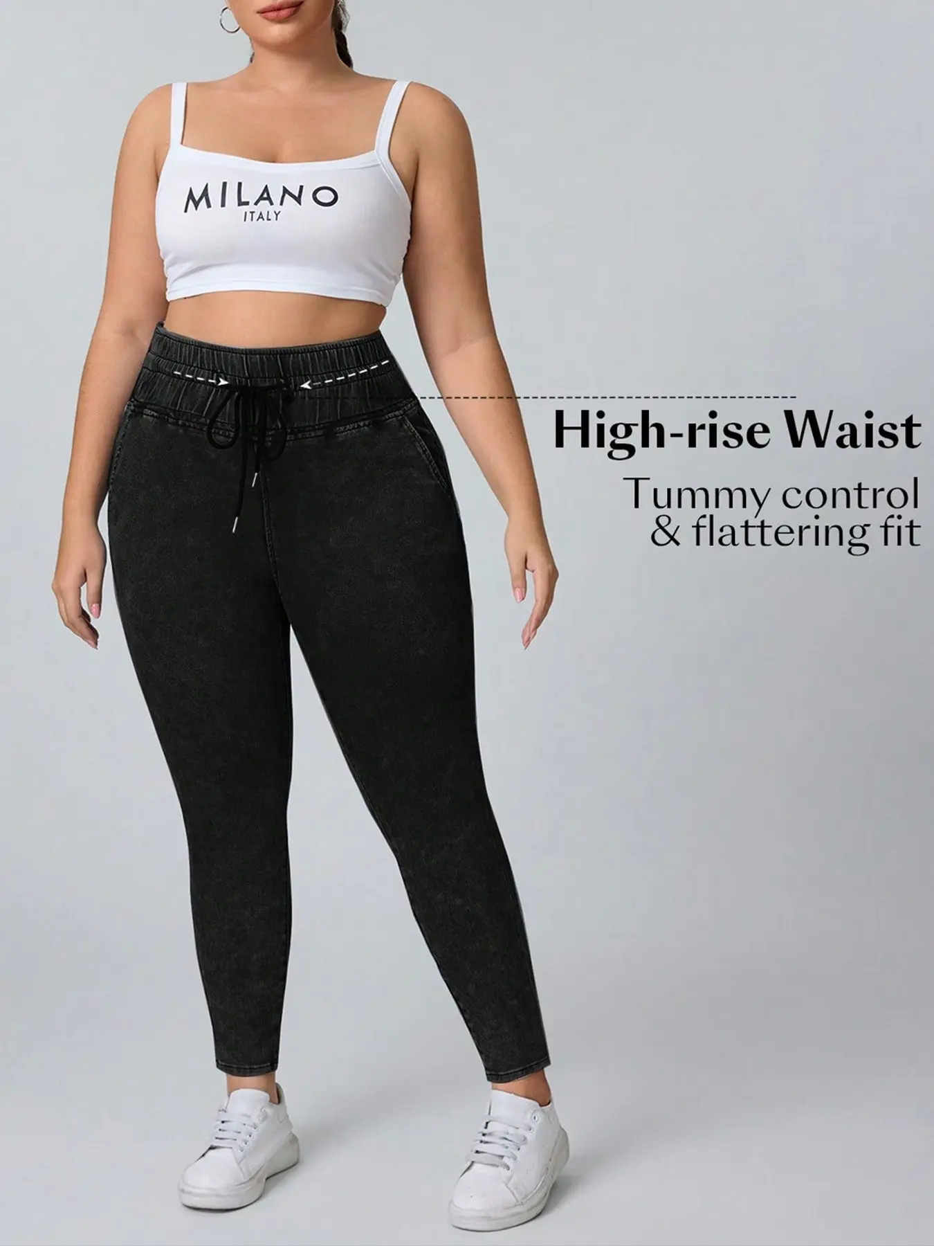 Plus Size High-Waisted Tight Denim Jeans for Women, 2026 Spring Summer, High Elastic Drawstring Waist, Washed Soft Slim Fit Long Pants