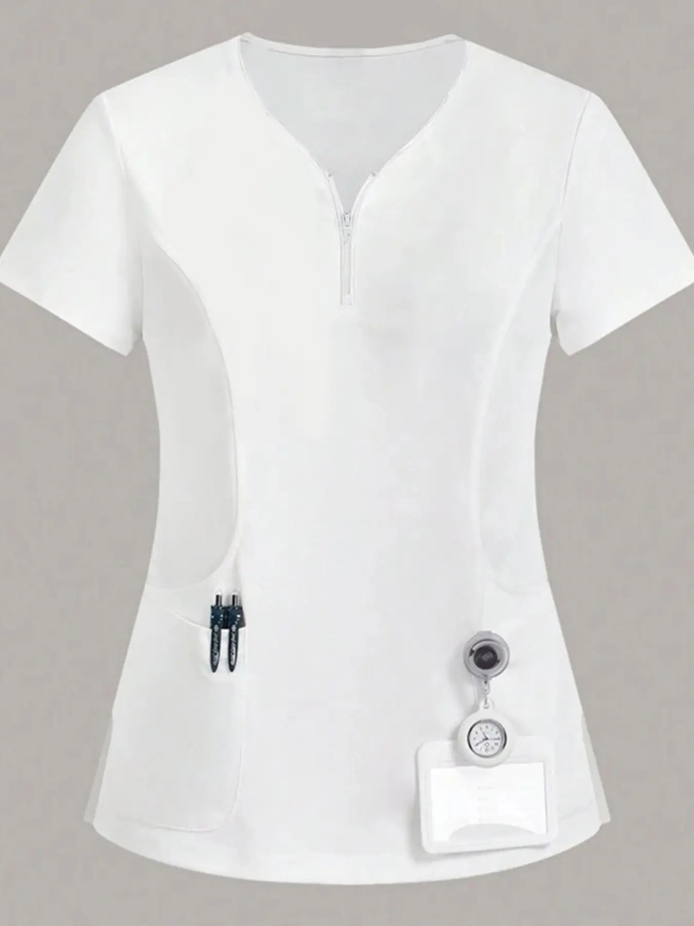 V Neck Zip Scrub Top for Women, Stretch Short Sleeve Medical Uniform, Beauty Salon Dental Nurse Workwear with Pockets