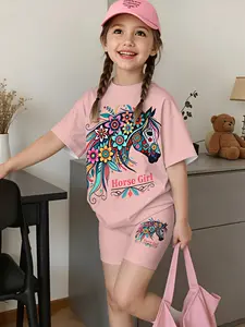 2026 New Summer Girls' Ethnic-Style Pony Two-Piece Set, highly stretchy, skin-friendly fabric, floral, colorful pony, and letter print, retro country style, for 3-9 year-olds—perfect for holiday outings and lounging at home