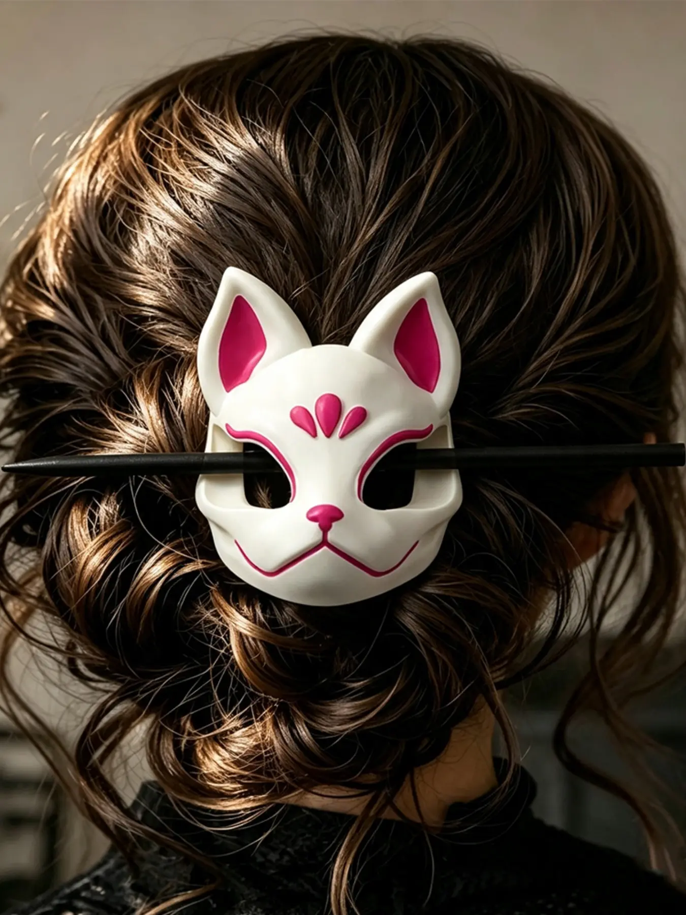 Vintage Resin Fox Mask Hairpin, Hand-Painted Japanese Traditional Hair Accessory, Retro Animal Pattern, Wedding & Festival Gift