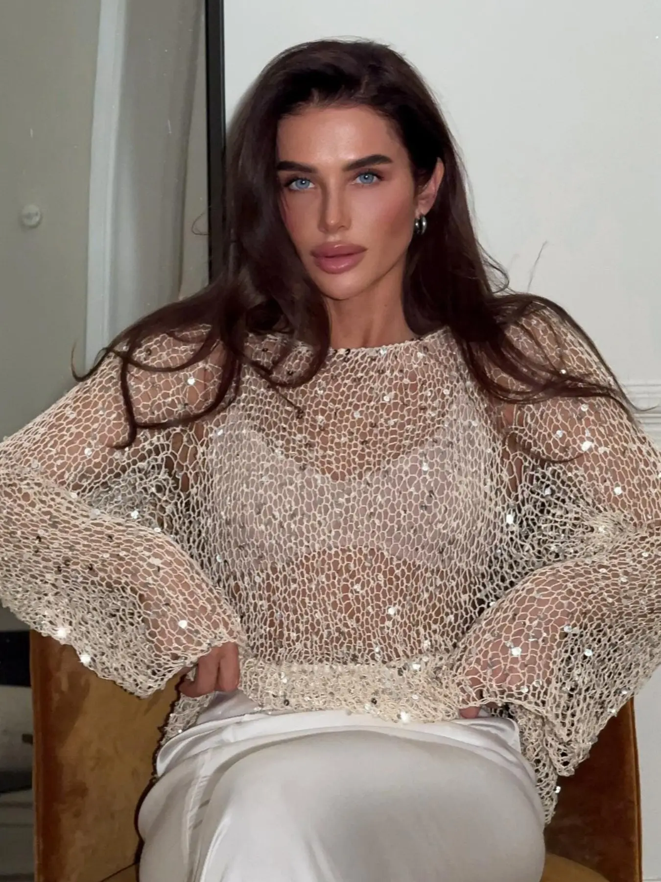 Women's Round Neck Sequin Hollow Out Knit Sweater, Sheer Bell Sleeve Loose Fit, Elegant Layering Top, Glitter Mesh Pullover, Elegant Sparkle Sweater