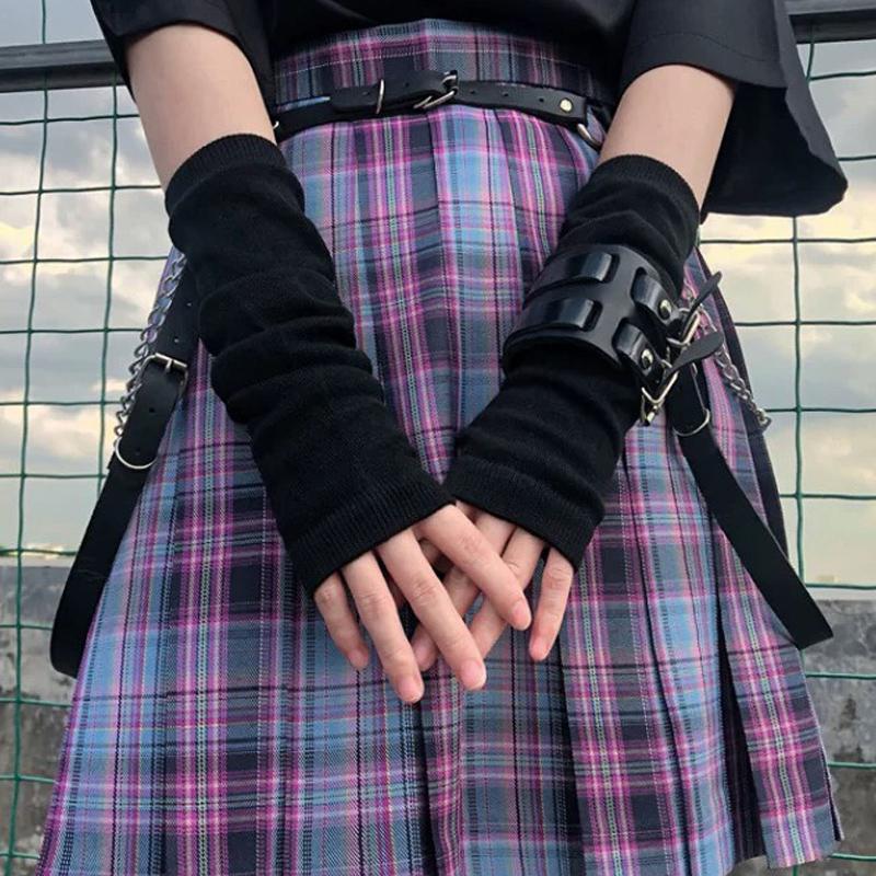 Black Punk Long Fingerless Gloves Cuff for Women Men Outdoor Hip-hop Glove Elbow Mittens Cool Stretch Winter Arm Warmer Mitten