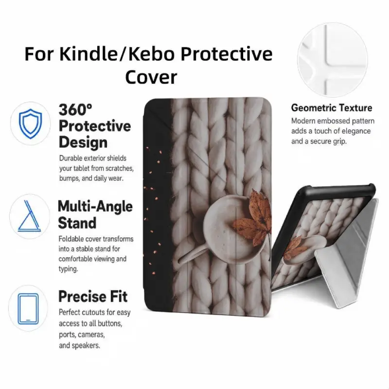 For Kindle/Kobo/Tolino Case, with stand Knitted Pattern With Coffee Cup And Leaf for New Kindle 11Th 2019, for Kindle 11th Generation Case for Kindle 11Th (2022/2024), 6-Inch, 7-Inch Kindle Paperwhite 12Th Generation 2024 Vision Color (2024) /Vision 6 (20