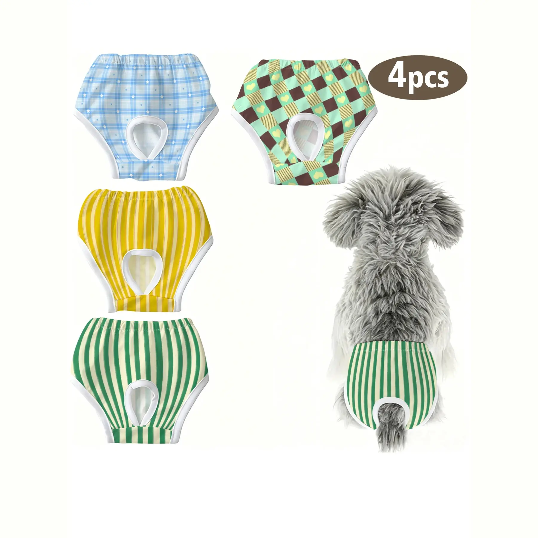 4-Pack Cute Pet Puppy Cat Panties, Stripes, Plaid Print, Anti-Peek Underwear for Small Dogs and Cats, Ideal for Holidays, Home, Travel