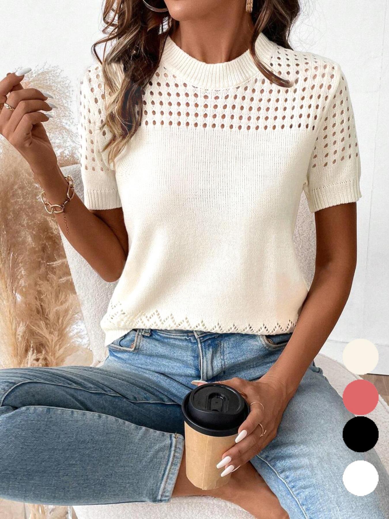 Women's Plain Hollow Out Crew Neck Fitted Sweater, Casual Short Sleeve Jumper for Summer, Fashion Women's Knitwear for Daily Wear Womenswear