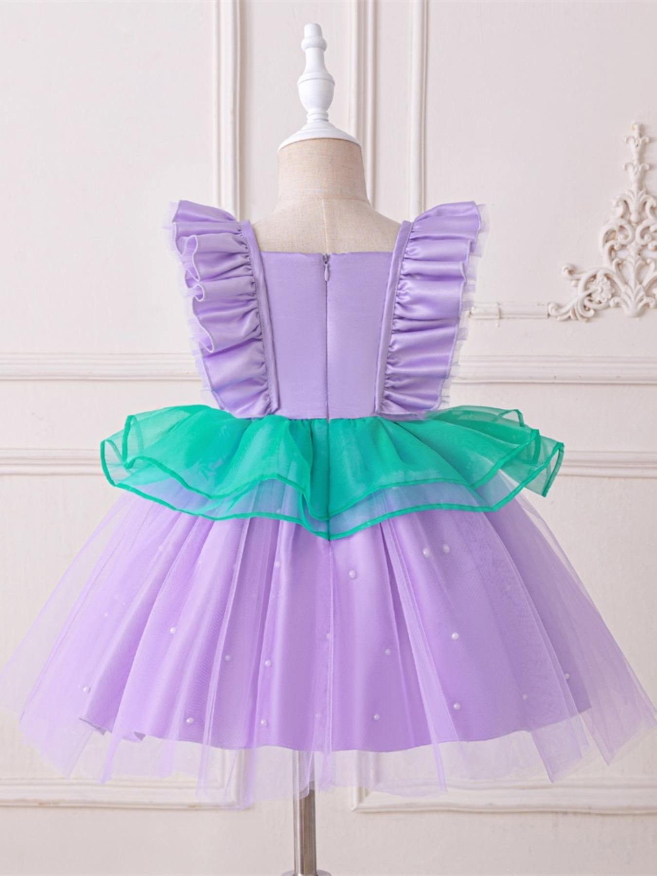 Girl's Contrast Sequin Ruffle Trim Tiered Layer Mermaid Dress, Elegant Butterfly Sleeve Square Neck Fit & Flare Dress for Party, Princess Quince Dresses, Kids Clothes for All Seasons