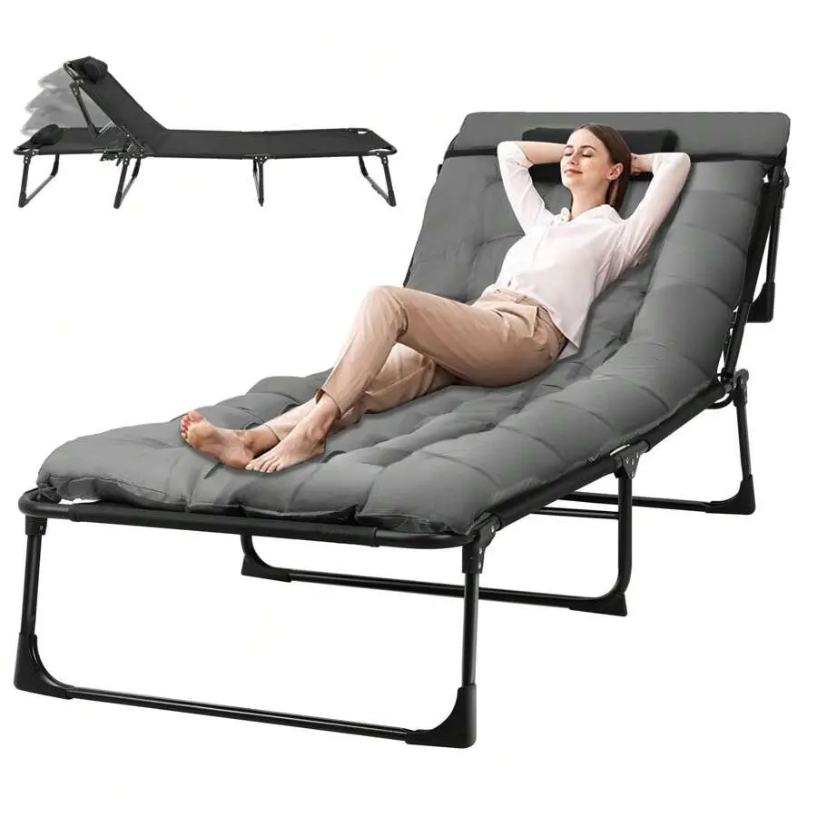 500LBS Capacity Extra Wide Folding Camping Cot Bed, 4 Position Chaise Lounge Chair, Foldable Bed With Removable Mattress And Pillow, Portable Sleeping Cots For Camping, Home Office, Lawn, Pool (Black Gray)