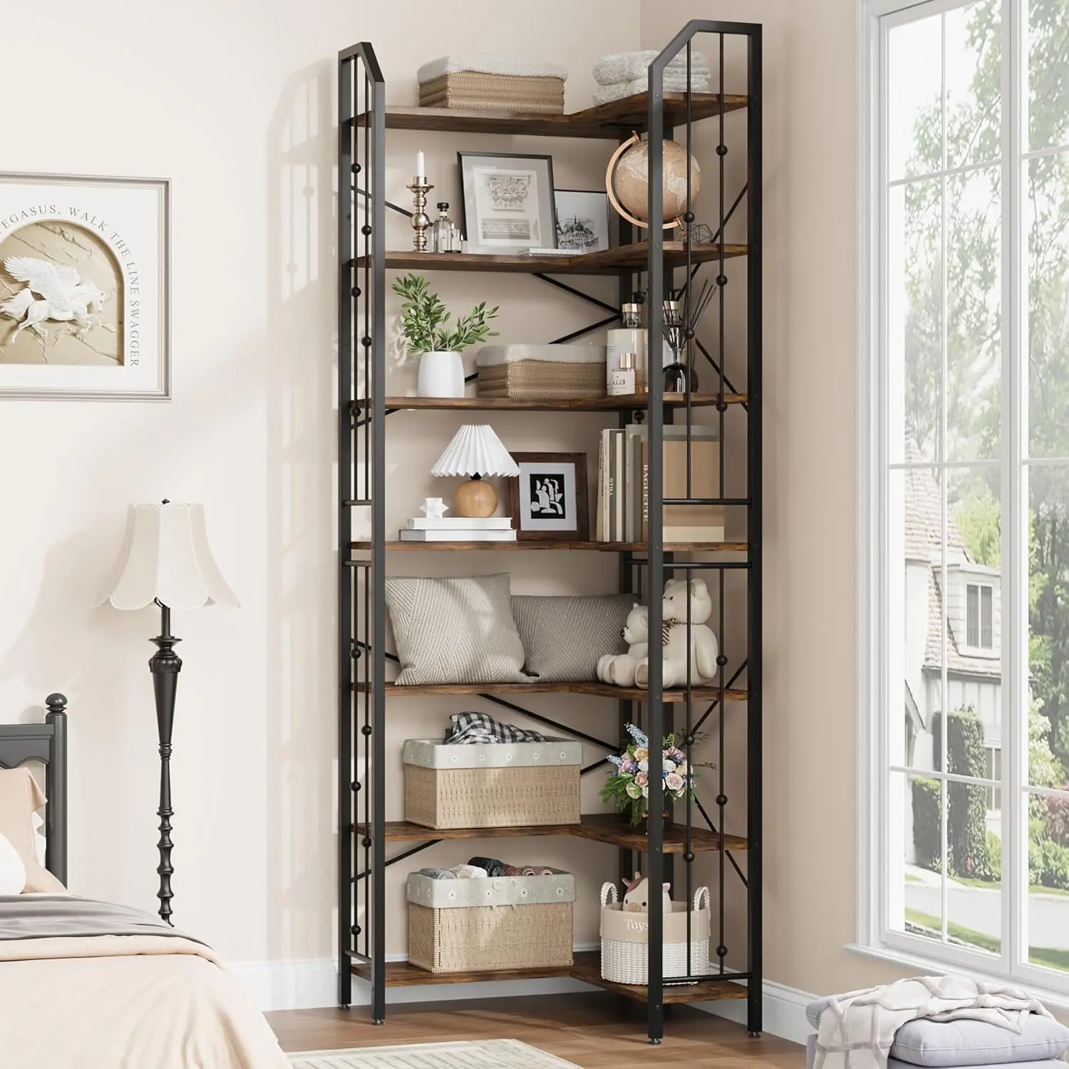 Garvee and Garvee L-Shaped Corner Bookshelves, 5 to 7 Tier Beaded Style Industrial Display Shelves, Heavy Duty Storage Racks for Living Room, Bedroom, Office, Available in Brown and Black, Suitable for Small Spaces