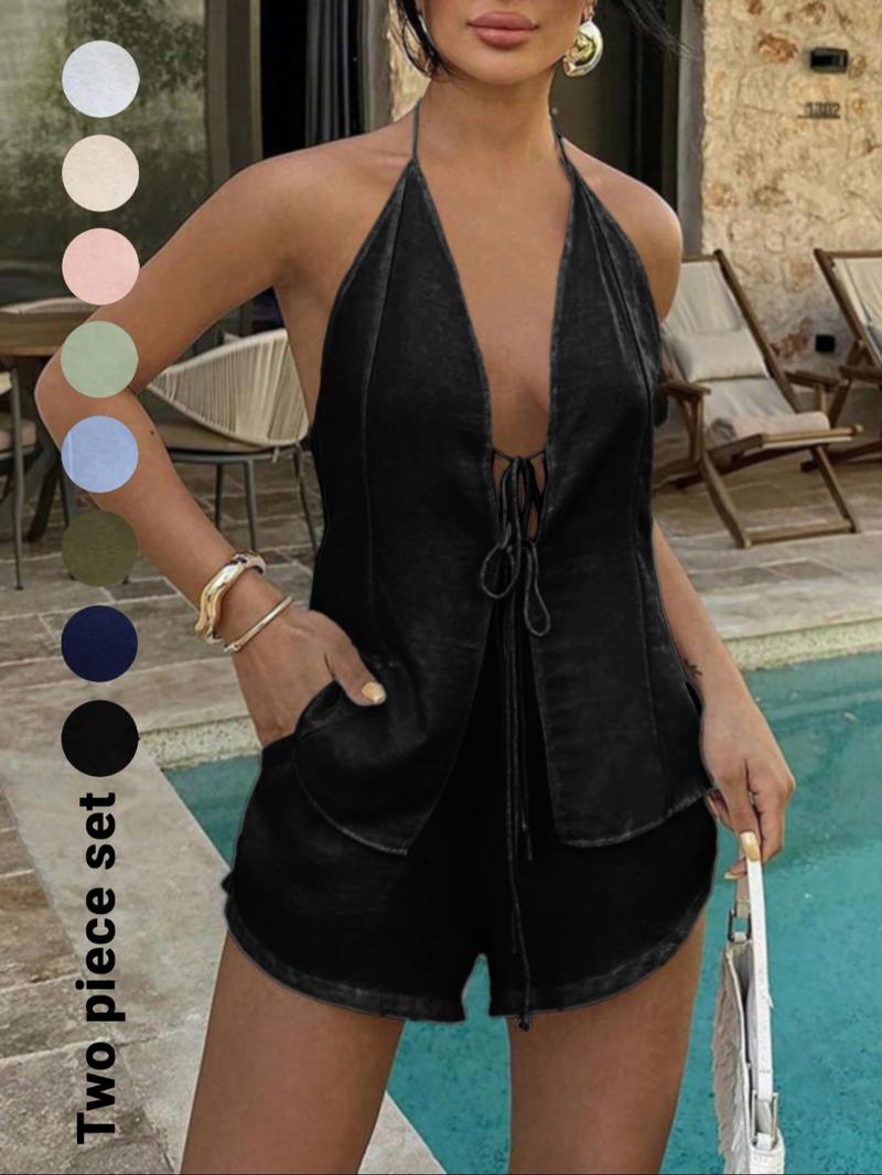 Women's Solid Color Tie Back Top & Shorts Set, Casual Fashion Chic Two-piece Outfits for Summer, Ladies Clothes for Beach Holiday Vacation, Womenswear