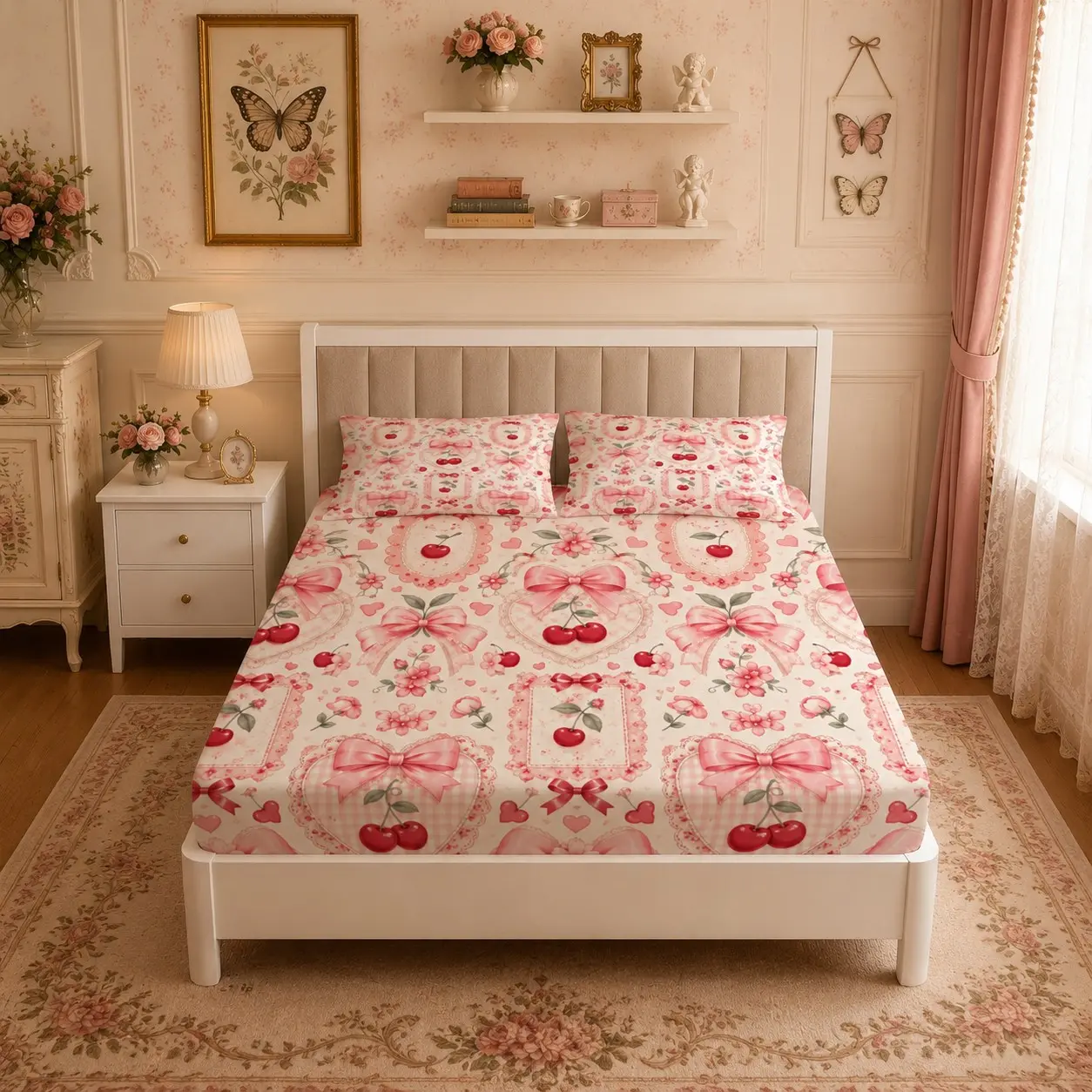 3Pcs Coquette Pink Bow Cherry Floral Fitted Sheet Set, Pastel Lace Cottagecore Girly Mattress Cover (1 Sheet + 2 Pillowcases Without Pillow Insert), Cute Bedding for Teen Girls Bedroom Dorm & Girl Presents