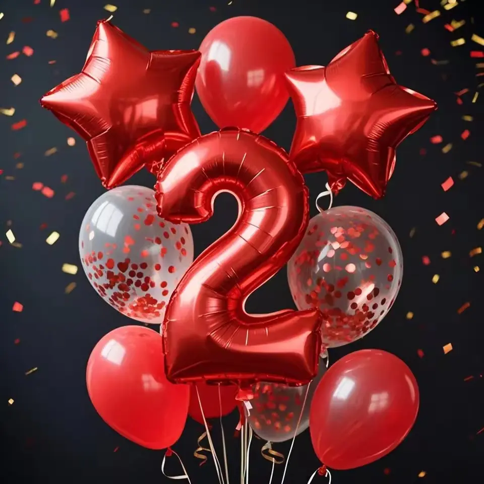 9pcs Birthday Party Balloon Decoration Set, Numbers 0-9 and Star Aluminum Foil Balloons, Paper Fragments Balloons