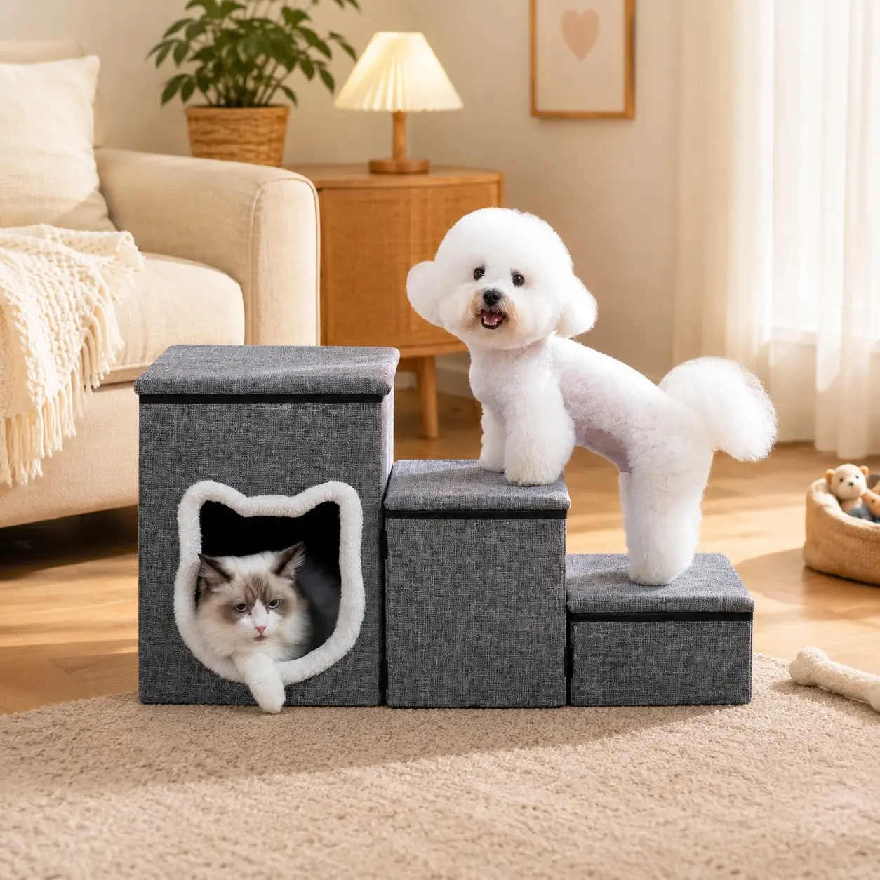 Foldable Pet Staircase for Small Dogs and Cats, Adjustable Non-Slip Steps, Storage Box Included, Ideal for Sofas and Beds