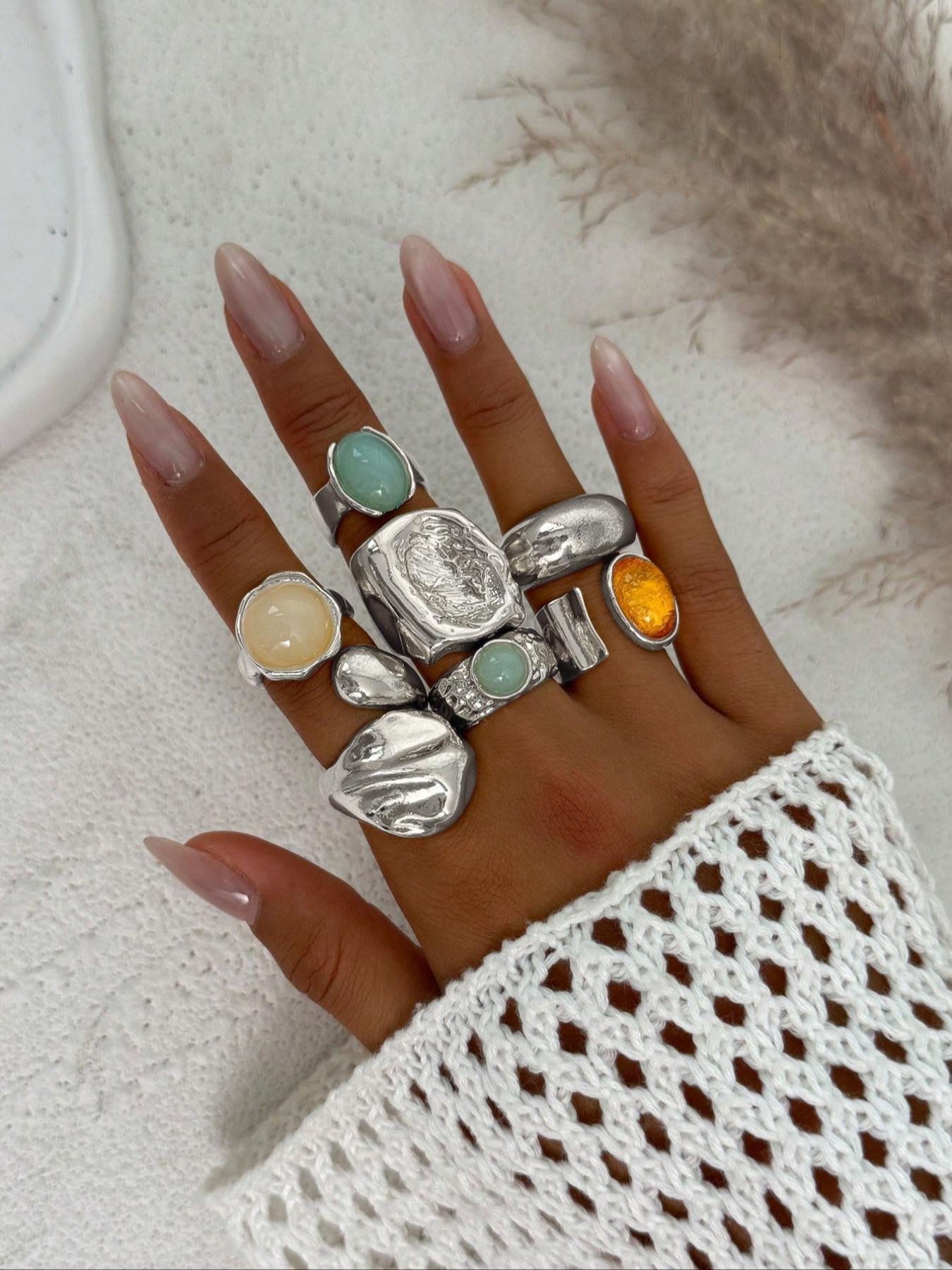 7 Pieces Women's Vintage Fashion Geometric Design Ring Set, Bold Metal Rings, Perfect for Daily Wear & Party, Jewelry Gifts