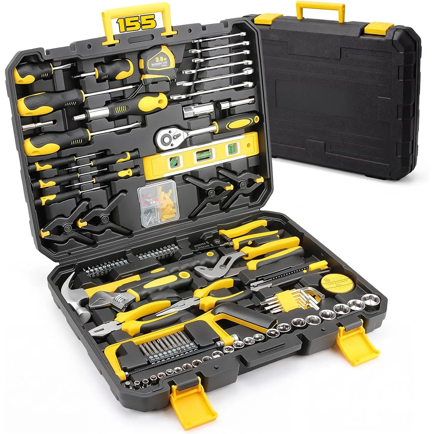 155-Piece Household Hand Tool Set with Toolbox, Portable Home Repair Tool Kit for Garage, Car, DIY – Includes Ratcheting Screwdriver, Sockets, Pliers, Hammer, Level, Tape Measure & More