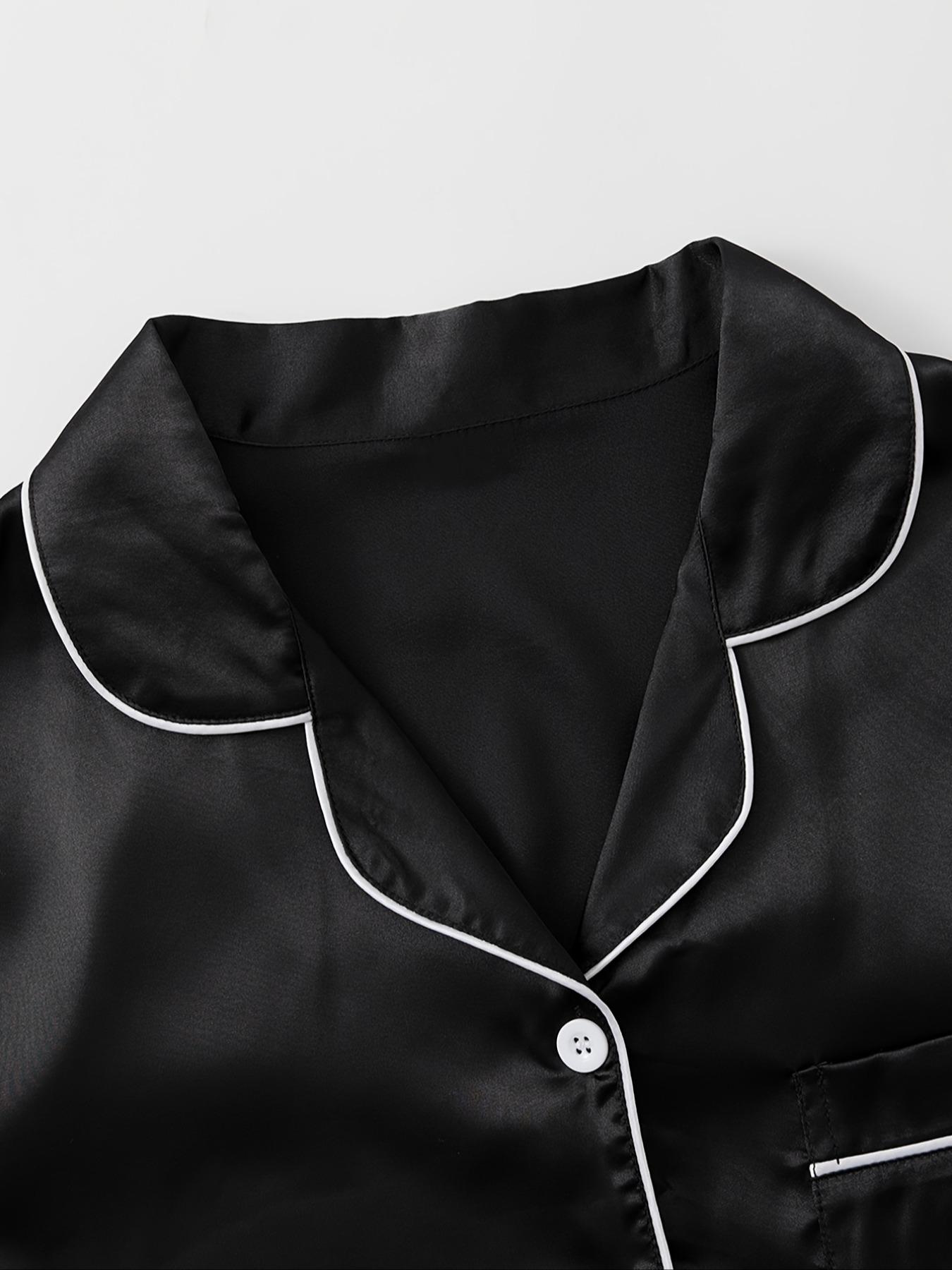 Women's 3pcs Solid Contrast Binding Lapel Collar Button Front Shirt & Elastic Waist Shorts & Pants Satin Pyjama Set, Casual Comfy Top & Shorts & Trousers PJ Set, Pajama Set, Ladies Summer Sleepwear