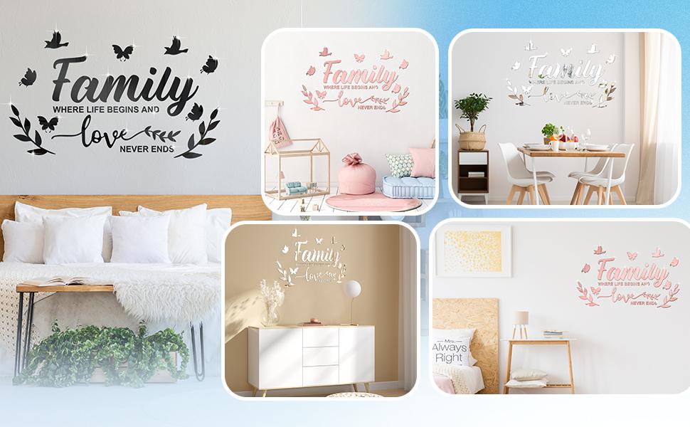 2026 Mirror Family Wall Letter Quotes Decor 3D Acrylic Wall Decal Stickers DIY Removable Art Decals Motivational Butterfly Mural Stickers for Home Decor(Silver)