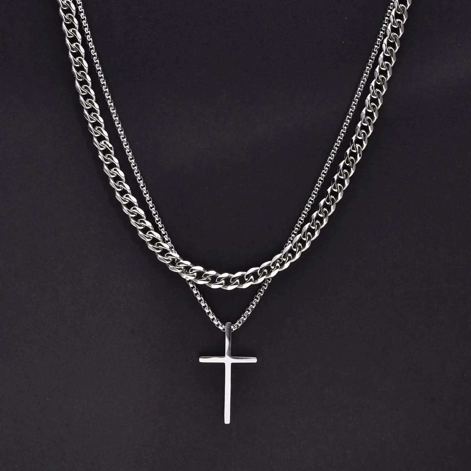 Vnox Dropshipping Mens Cross Necklaces Stainless Steel Layered Plain Cross Pendant Rope Box Chain Necklace Prayer Jesus Collar