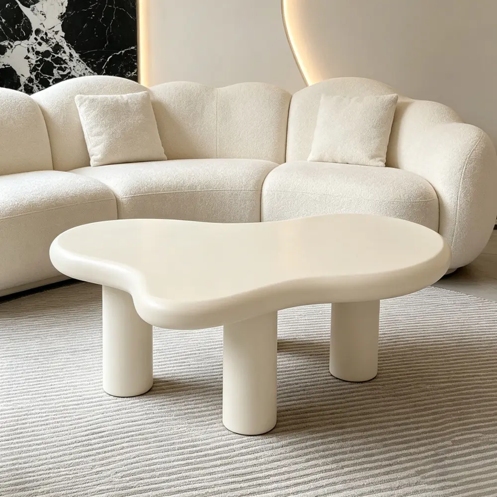 Modern Cloud Coffee Table, Cream White Wood Round Accent Coffee Table with 3-Legged Pedestal Base, Minimalist Center Table for Living Room, Small Side Table for Bedroom, Balcony, Patio, Apartment, Contemporary Home Decor Furniture