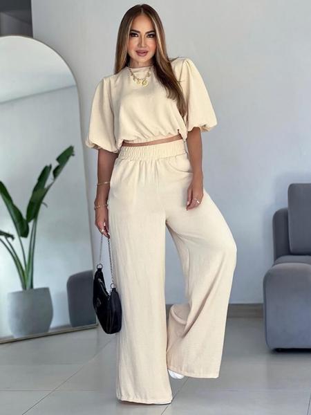 Women's Fashion Outfit, Half-Sleeve Top & Wide-Leg Pants, Casual Style for All Seasons, Women's Clothing Collection